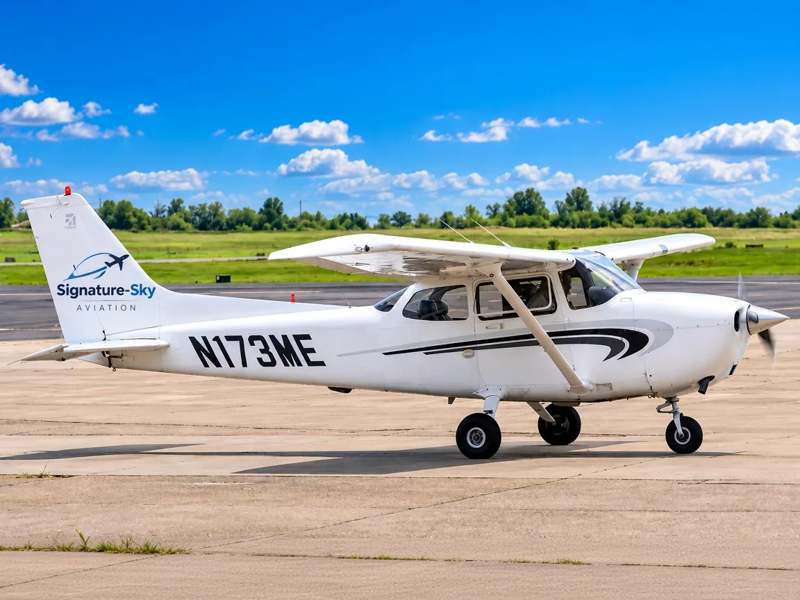 A Signature-Sky branded single-engine training aircraft parked on the tarmac under a blue sky