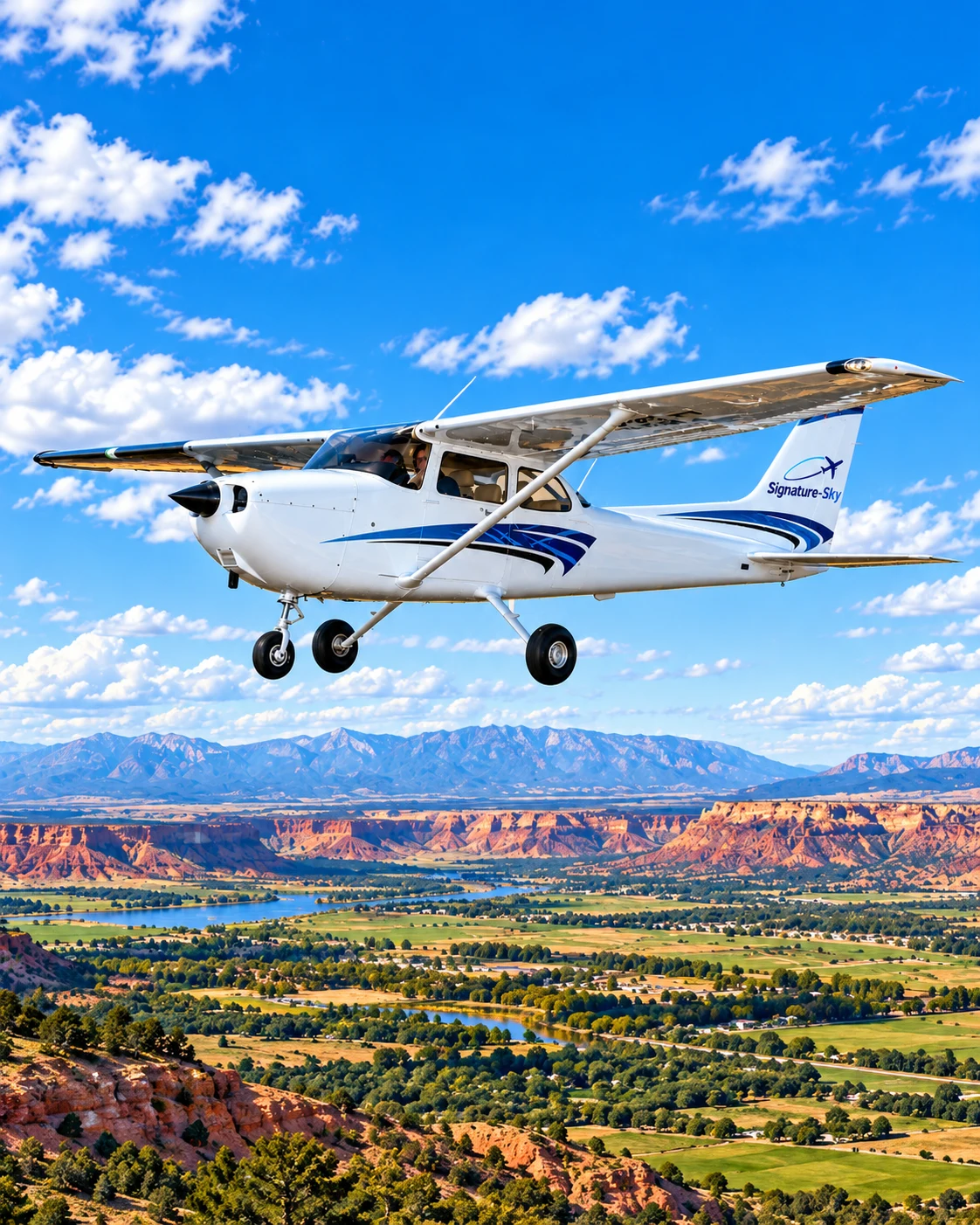 A single-engine training aircraft in Signature-Sky livery flying over red-rock canyons and mesas in Utah