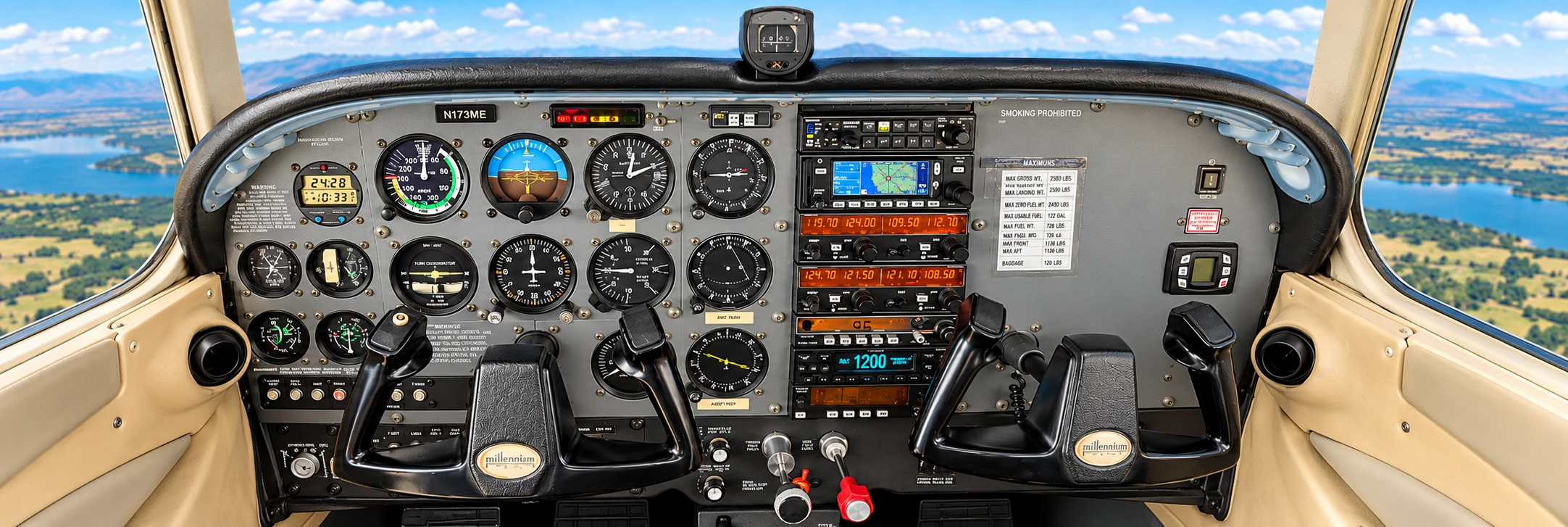 Analog cockpit instrument panel viewed from the pilot seat