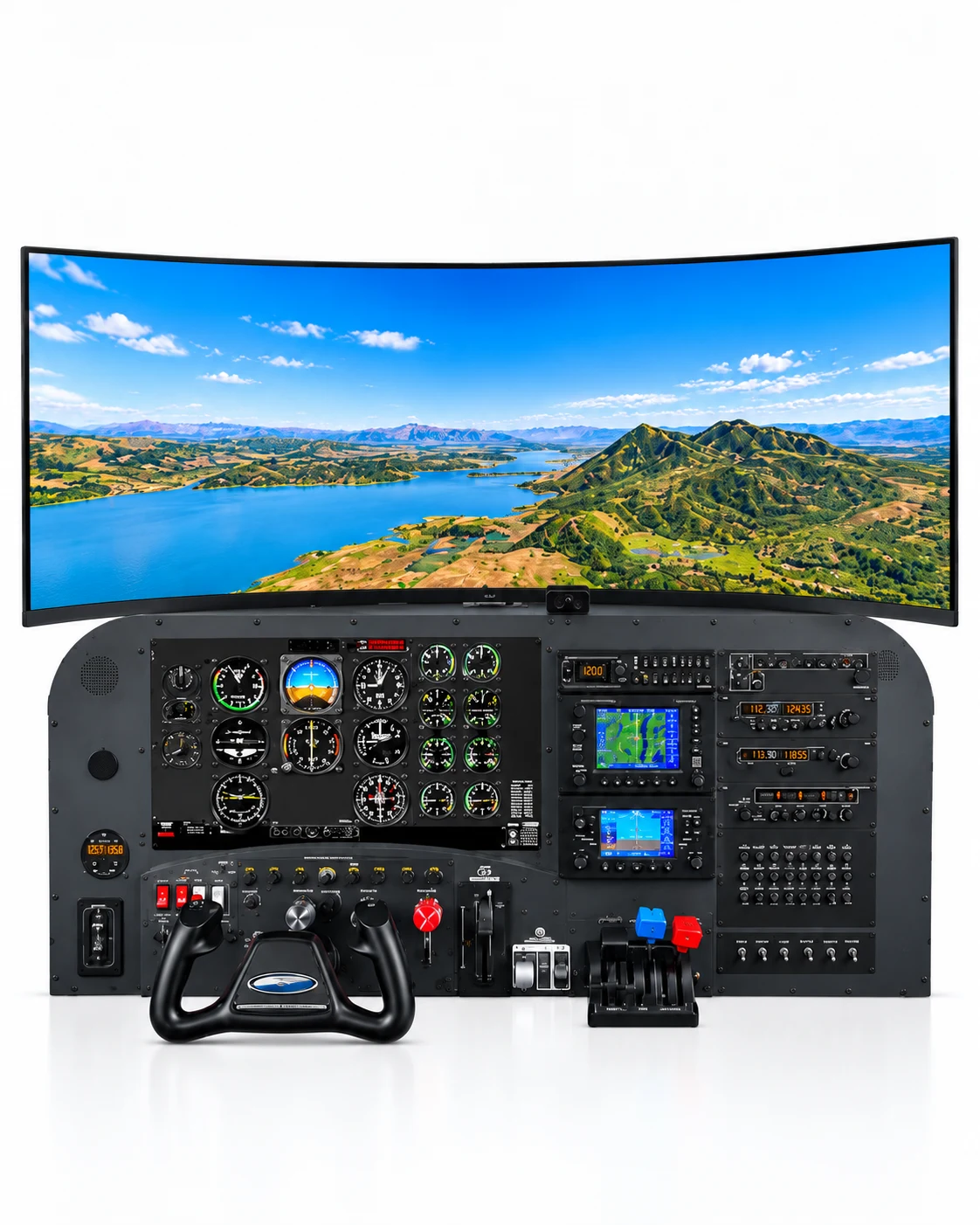 Desktop flight simulator with an instrument panel, yoke, and a wide curved display showing a lake and mountains (concept rendering)