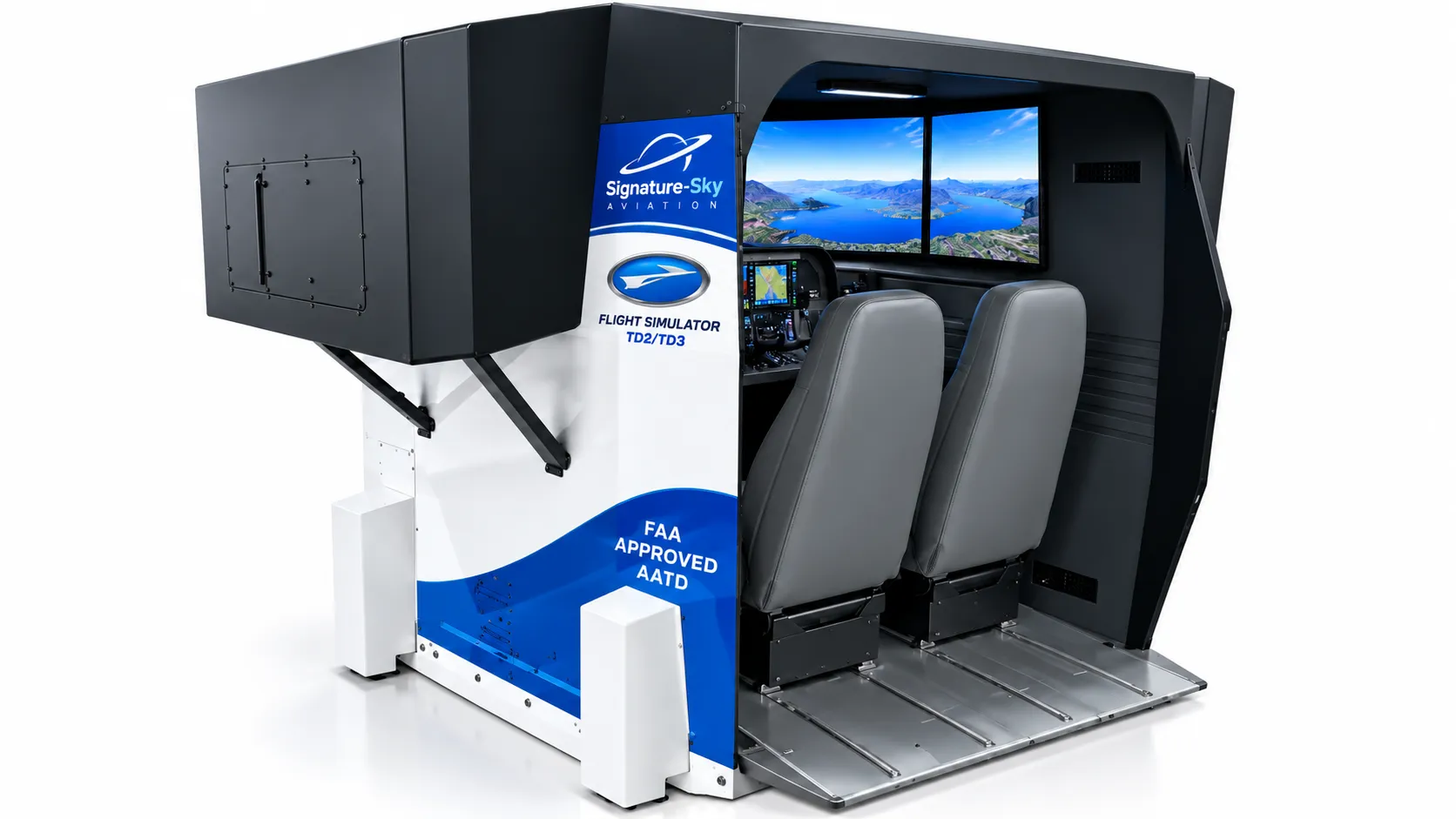 Enclosed two-seat flight simulator pod with dual displays and a branded side panel (concept rendering)