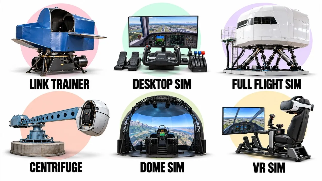Six types of flight simulator: Link trainer, desktop sim, full flight sim, centrifuge, dome sim, and VR sim